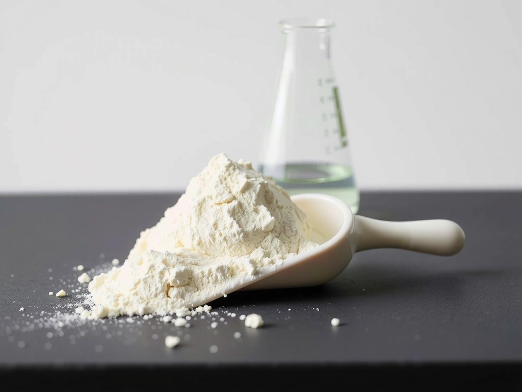 Protein powdered supplement scoop on lab bench